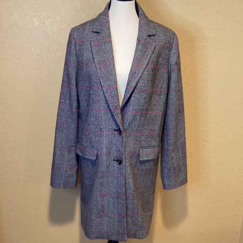 J. Crew Glen Plaid Topcoat Wool Blend in Gray Plaid with Pink Highlights, Size 8
